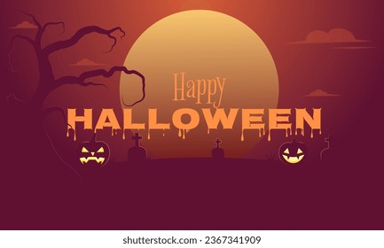 Happy Halloween. Sunset Halloween background illustration  with silhouette pumpkins and scary tree and copy space area for your project 