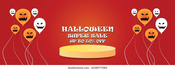 Happy Halloween super sale , up to 50% off flyer, can be used in festival sale poster or presentation, promotion, discount announcement, Halloween special marketing banner, vector art illustration