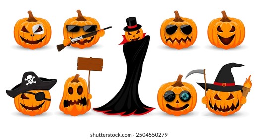 Feliz Halloween. Superhéroes calabazas feliz halloween. Personajes ficticios de calabazas de halloween para su diseño. Ilustración vectorial.