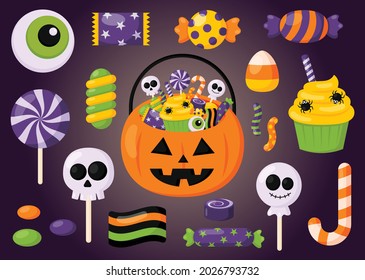 Happy halloween sweet candy party set isolated on purple background. vector illustration.