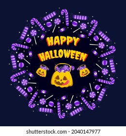 Happy halloween with sweet candy vector illustration. Cute character, spooky object. Simple abstract creative design, trendy typography. Used for background template, frame, card, decoration.