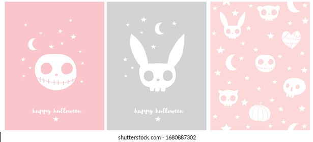 Happy Halloween. Sweet Halloween Party Vector Illustration and Seamless Pattern.White Monster and Rabbit Skull Isolated on a Light Pink and Gray Background. Skulls, Stars, Pumpkin and Heart on a Pink.