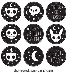 Happy Halloween. Sweet Halloween Party Vector Round Shape Stickers. White Monster and Rabbit Skull Isolated on a Black Background. Skulls, Stars on a Black Layout. Halloween Candy Bar Decoration.