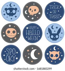 Happy Halloween. Sweet Halloween Party Vector Round Shape Stickers. Monster, Skulls, Stars and Rabbit Skull Isolated on a Blue, Dark Blue and Dark Gray Background. Halloween Candy Bar Decoration.