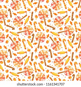 Happy Halloween sweet seamless pattern. Trick or treat. Cartoon vector illustration candy and lollipop.