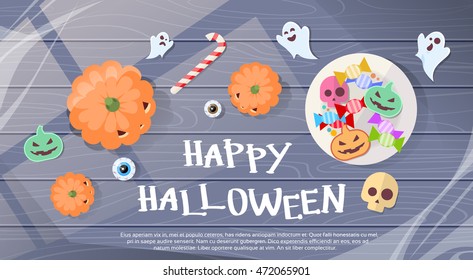 Happy Halloween Sweets Banner Greeting Card Flat Vector Illustration