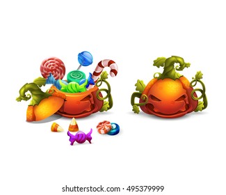 Happy Halloween sweets and candies icons in pumpkin. Trick or Trick! Vector illustration.