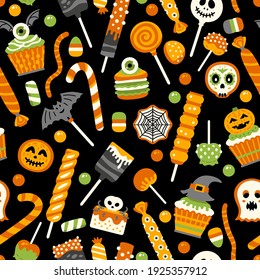 Happy Halloween sweets pattern. Seamless background with trick or treat candies. Vector illustration. Many types spooky dessert.