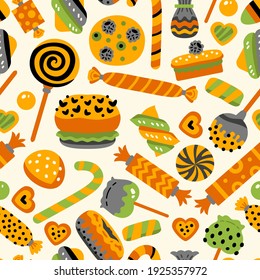 Happy Halloween sweets pattern. Seamless background with trick or treat candies. Vector illustration. Many types spooky dessert.