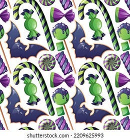 Happy Halloween sweets pattern. Seamless background with trick or treat candies. Vector illustration. Many types spooky dessert.