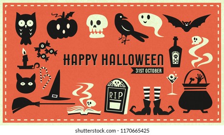 Happy halloween with symbol vector background. Halloween vector cartoon retro style.