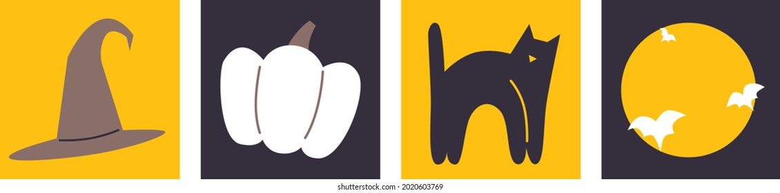 Happy Halloween symbol vector elements. Greeting cards or posters with Halloween sign vector illustration. Pumpkin, black cat, moon, broom, bowler, witch. Cartoon flat elements. Scandinavian style.
