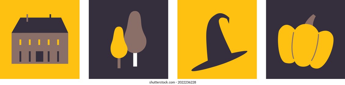 Happy Halloween symbol vector elements. Greeting cards or posters with Halloween sign vector illustration. Pumpkin, black cat, moon, broom, bowler, witch. Cartoon flat elements. Scandinavian style.