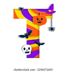 Happy Halloween T Alphabet Party Font Typography Character Cartoon Spooky Horror with colorful 3D Layer Paper Cutout Type design celebration vector Illustration Skull Pumpkin Bat Witch Hat Spider Web