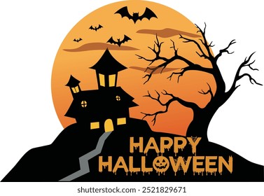 Happy Halloween. Halloween t shirt design.  Halloween haunted house , tree and flying bats. Spooky, Ghost t shirt design for Halloween day