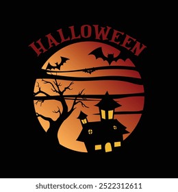 Happy Halloween. Halloween t shirt design.  Halloween haunted house , tree and flying bats. Spooky, Ghost t shirt design for Halloween day