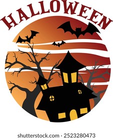 Happy Halloween. Halloween t shirt design.  Halloween haunted house , tree and flying bats. Spooky, Ghost t shirt design for Halloween day