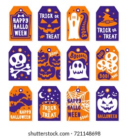 Happy halloween tags set color style with skull, pumpkin, spider, bat for decoration holiday party, poster, greeting card. Vector Illustration