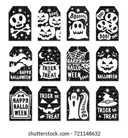 Happy halloween tags set white color on black background with skull, pumpkin, spider, bat for decoration holiday party, poster, greeting card. Vector Illustration