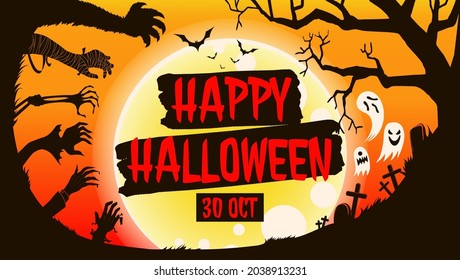Happy halloween taxt with demon's hand ,ghost,bat and moon in night