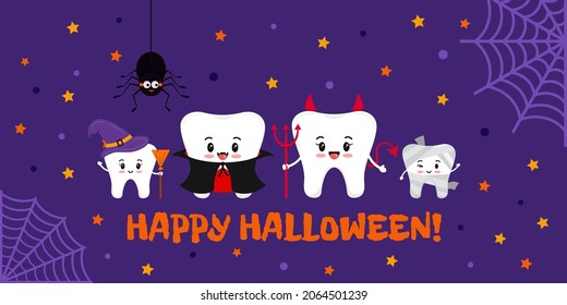 Happy Halloween teeth family in carnival costume on dental greeting card. Cute halloween character - witch tooth, mummy,  vampire, devil, Flat design cartoon style vector dentist banner illustration.