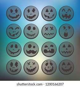 Happy Halloween teeth, set of characters, zombie, collection of smileys for the holiday. Funny scary, cute frightened faces. Vector illustration for design