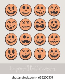 Happy Halloween teeth, set of characters, zombie, collection of smileys for the holiday. Funny scary, cute frightened faces. Vector illustration for design