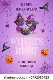 Happy Halloween template with amusing cartoon bat and black cat are making witch's potion. Witches night. Place for text. Vector illustration.