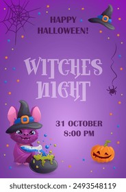 Happy Halloween template with amusing cartoon bat is making witch's potion. Witches night. Place for text. Vector illustration.