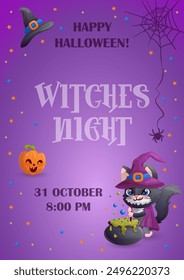 Happy Halloween template with amusing cartoon black cat is making witch's potion. Witches night. Place for text. Vector illustration.