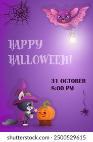 Happy Halloween template with amusing cartoon bat, black cat in witch's hat and pumpkin for invitation, party, flyer. Place for text. Vector illustration.