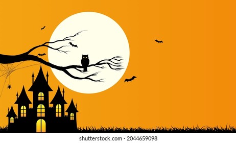 Happy Halloween template and background with copyspace, Design with the Castle, Owl holding on tree branch, bat, web spider and full moon on Orange color Background, Vector illustration