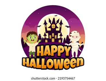 Happy Halloween Template Background Hand Drawn Cartoon Flat Illustration with Children Wearing Various Costumes, Haunted House, Pumpkins, Bats and Full Moon