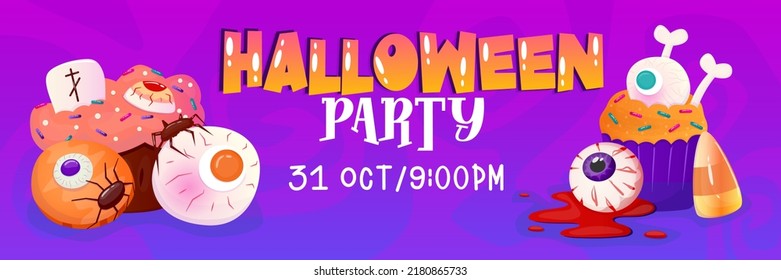 Happy halloween template banner background with sweet and candy, cake. Vector cartoon illustration. Dark purple background. Happy halloween. Vector design