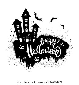 Happy Halloween template for banner or poster. Holiday lettering with house. Vector illustration