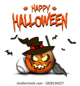 Happy Halloween. Template baseball design. Baseball ball in the form of a pumpkinin in witch hat on an isolated background. Pattern for banner, poster, greeting card, invitation. Vector illustration
