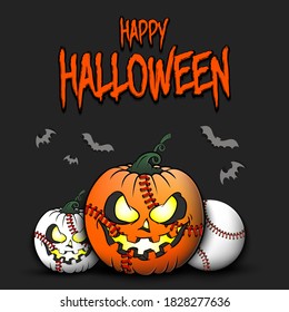 Happy Halloween. Template baseball design. Baseball balls in the form of a pumpkins on an isolated background. Pattern for banner, poster, greeting card, flyer, party invitation. Vector illustration