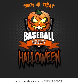 Happy Halloween. Template baseball design. Logo baseball ball in the form of a pumpkin on an isolated background. Pattern for banner, poster, greeting card, party invitation. Vector illustration