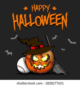 Happy Halloween. Template baseball design. Baseball ball in the form of a pumpkinin in witch hat on an isolated background. Pattern for banner, poster, greeting card, invitation. Vector illustration