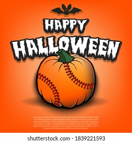 Fröhliches Halloween. Vorlagenbaseball-Design. Baseballball in Form eines Kürbis auf einem isolierten Hintergrund. Muster für Banner, Poster, Grußkarte, Flyer, Partyeinladung. Vektorgrafik