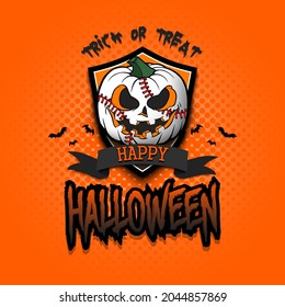Happy Halloween. Template baseball design. Logo baseball ball in the form of a pumpkin on an isolated background. Pattern for banner, poster, greeting card, invitation. Vector illustration