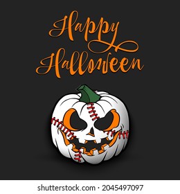 Happy Halloween. Template baseball design. Baseball ball in the form of a pumpkin on an isolated background. Pattern for banner, poster, greeting card, flyer, party invitation. Vector illustration