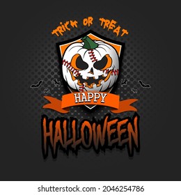 Happy Halloween. Template baseball design. Logo baseball ball in the form of a pumpkin on an isolated background. Pattern for banner, poster, greeting card, invitation. Vector illustration