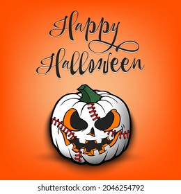 Happy Halloween. Template baseball design. Baseball ball in the form of a pumpkin on an isolated background. Pattern for banner, poster, greeting card, flyer, party invitation. Vector illustration