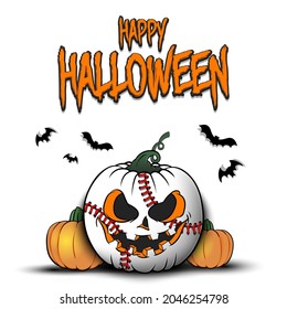 Happy Halloween. Template baseball design. Baseball ball in the form of a pumpkin with pumpkins on an isolated background. Pattern for banner, poster, greeting card, invitation. Vector illustration