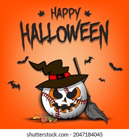 Feliz Halloween. Diseño de plantilla de béisbol. Balón de béisbol en forma de calabaza con sombrero de bruja en un fondo aislado. Patrón para banner, afiche, tarjeta de saludo, invitación. Ilustración del vector