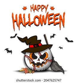 Happy Halloween. Template baseball design. Baseball ball in the form of a pumpkinin in witch hat on an isolated background. Pattern for banner, poster, greeting card, invitation. Vector illustration