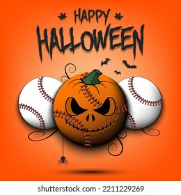 Happy Halloween. Template baseball design. Three baseball balls, one of which is in as a pumpkin. Pattern for banner, poster, greeting card, invitation. Vector illustration on an isolated background
