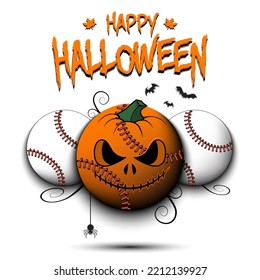 Happy Halloween. Template baseball design. Three baseball balls, one of which is in as a pumpkin. Pattern for banner, poster, greeting card, invitation. Vector illustration on an isolated background