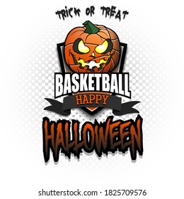 Happy Halloween. Template basketball design. Logo basketball ball in the form of a pumpkin on an isolated background. Pattern for banner, poster, greeting card, party invitation. Vector illustration
